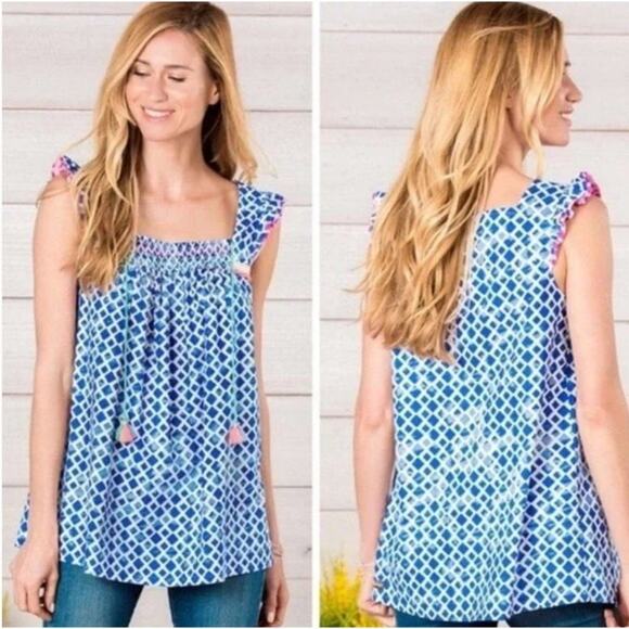 Matilda Jane Wandering Waters Blue Smocked Tassel Blouse Women's Size Medium Wor - Picture 2 of 9